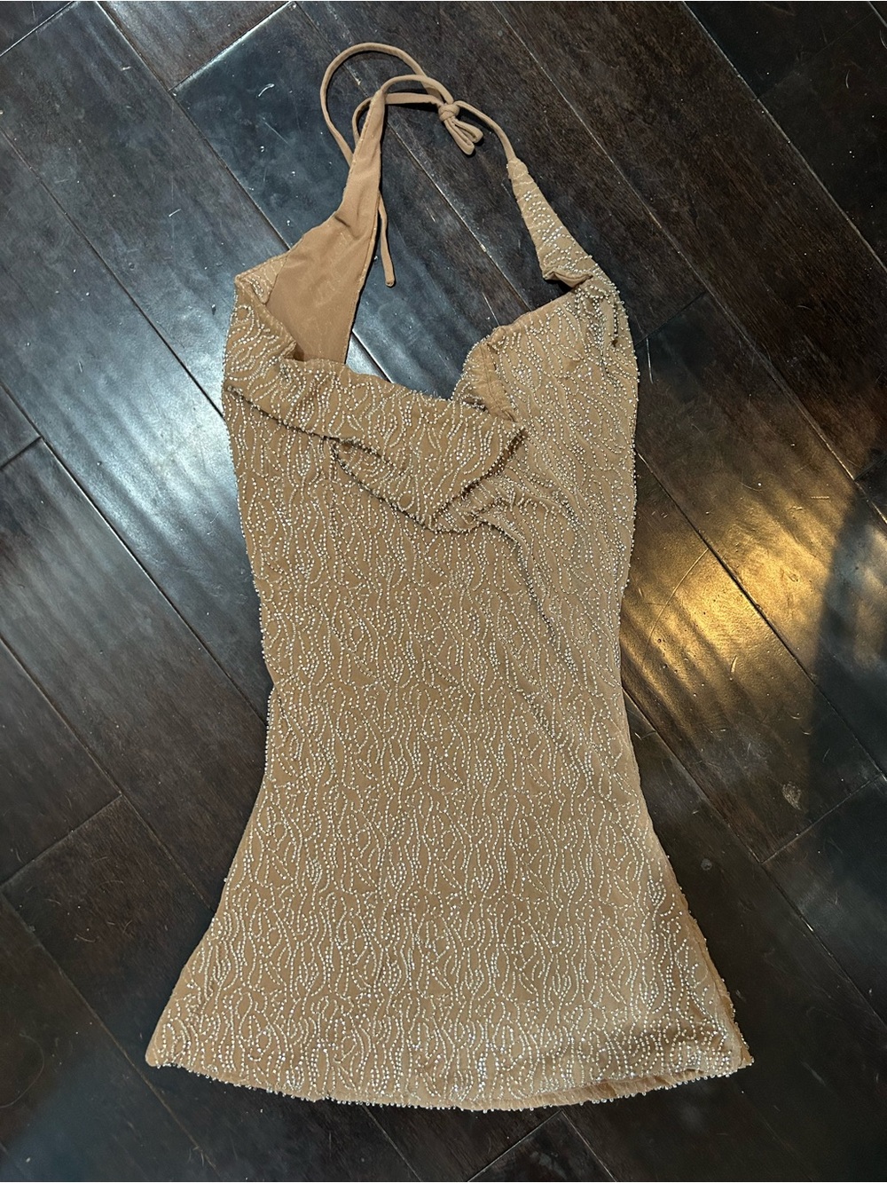 NWT XS WHITe Fox beaded Sparkle Halter Mini Dress cowl neck nude beige cocktail - Picture 11 of 15